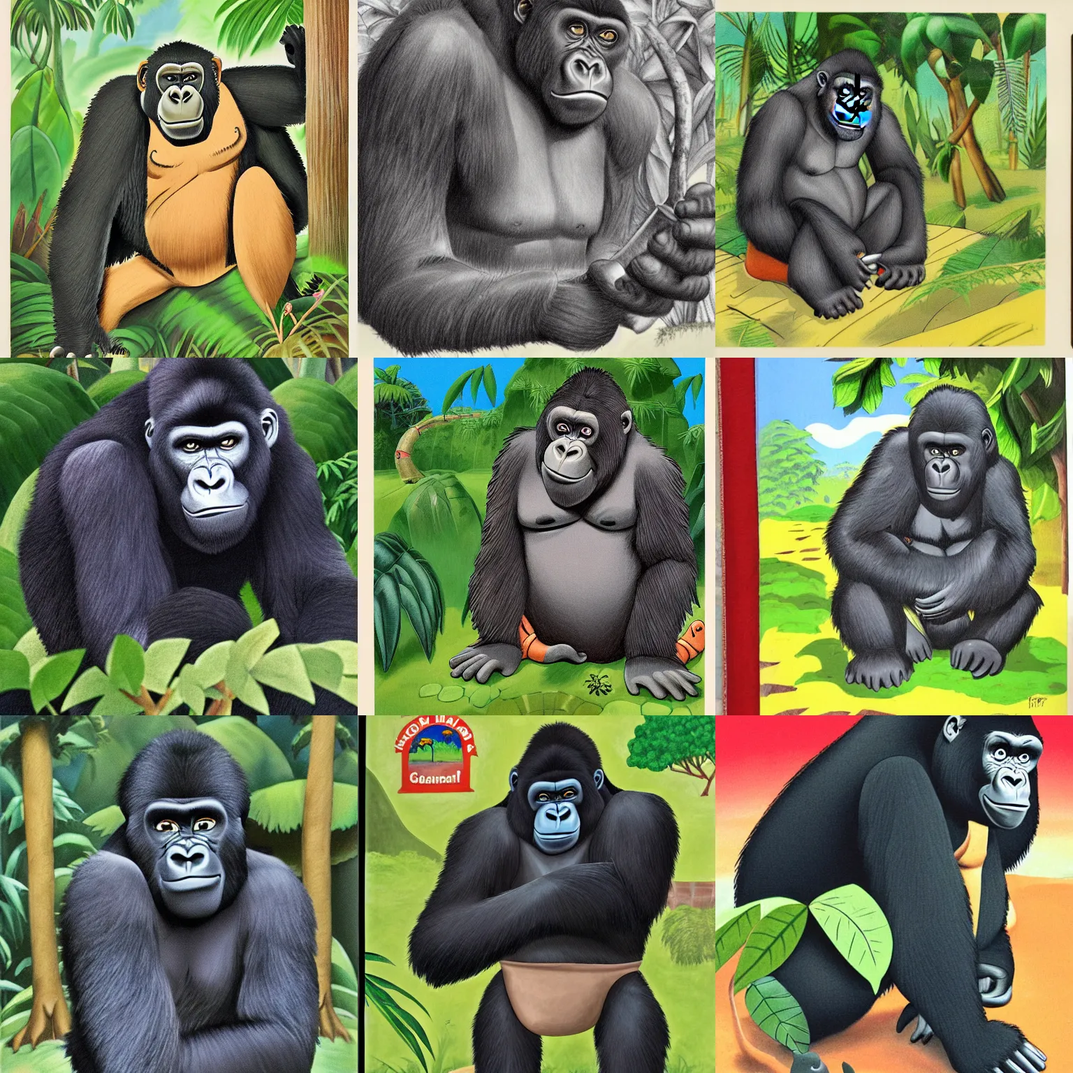 Prompt: a gorilla on the jungle crossing his arms and looking sad, children's book illustration, bob clampett