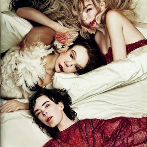 Prompt: stunning vogue magazine photo of dark - haired goddesses vanessa kirby, hailee steinfeld, and bjork smiling, legs intertwined, laying back on the bed, with wet faces!!, wet lips, perfect eyes, insanely detailed, elegant, by wlop, rutkowski, livia prima, mucha, wlop,