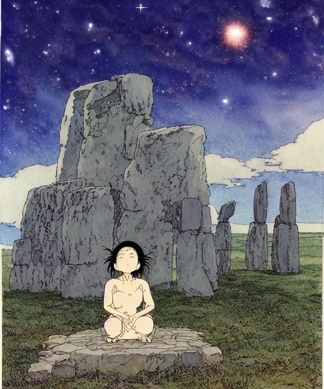 Prompt: a hyperrealist studio ghibli watercolor fantasy concept art. in the foreground is a giant long haired grey sasuatch sitting in lotus position on top of stonehenge with shooting stars all over the sky in the background. by rebecca guay, michael kaluta, charles vess