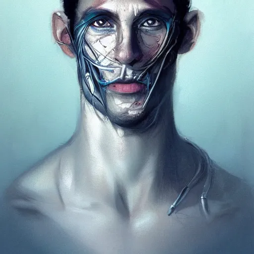 Image similar to Portrait of a man by Greg Rutkowski, symmetrical face, he is about 30 years old, messy long black hair, tired appearance, roman nose, he has become some sort of biomechanical transhuman god with eyes that glow electric blue, peaceful but sad expression, highly detailed portrait, digital painting, artstation, concept art, smooth, sharp foccus ilustration, Artstation HQ.