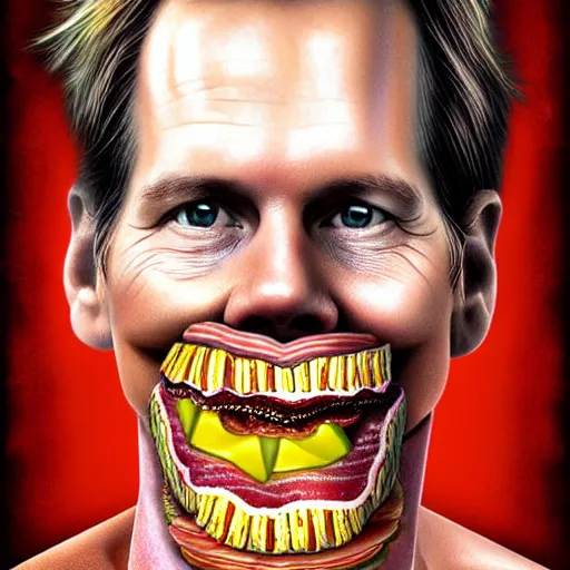 Prompt: ultra detailed kevin bacon on a slice of bacon in a hamburger rendered by octane digital painting inspired by arcimboldo