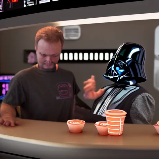 Image similar to darth vador working at dunkin donuts , 8k cinematic lighting, very sharp detail, anatomically correct