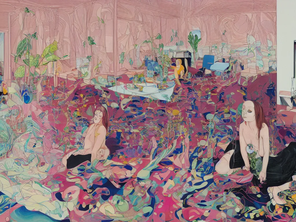 Image similar to One woman start to bounce in a living room of a house, floating dark energy surrounds the middle of the room. There is one living room plant to the side of the room, expressionist painting by martine johanna and moebius