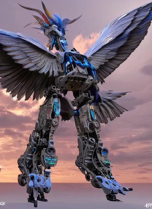 Prompt: / imagine a 3 d render of a huge robot with feathered wings attached to its back. saturated colors, ultra detailed, hyper realistic, intricate, japanese, futuristic,