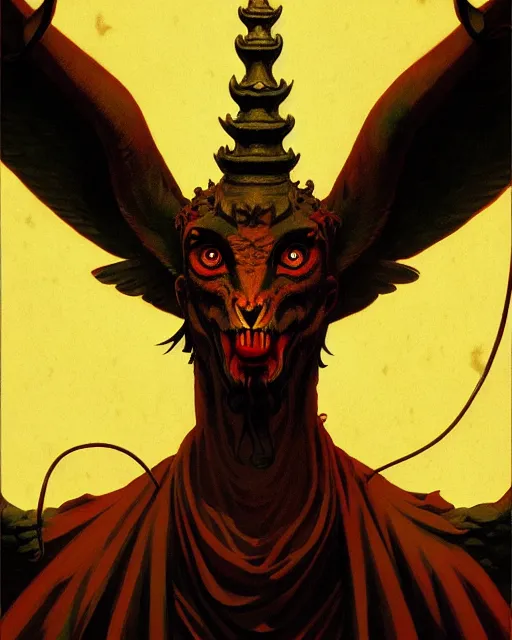 Prompt: baphomet, evil, horror wallpaper aesthetic, portrait, cinematic, dramatic, super detailed and intricate, by koson ohara, by darwyn cooke, by greg rutkowski, by satoshi kon