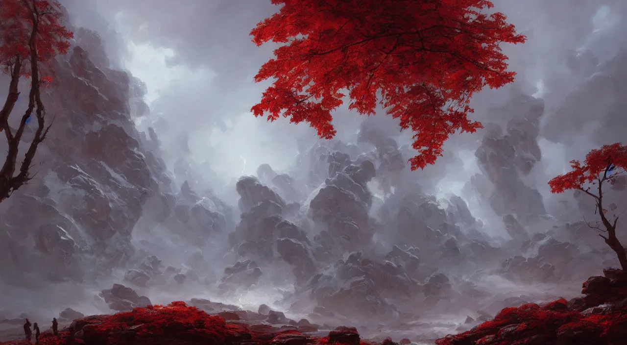 Prompt: a beautiful oil painting of a rocky valley covered in snow, trees with red leaves, thunderstorm in the sky, blue lighting, gloomy, atmospheric lighting, detailed, by greg rutkowski, trending on artstation