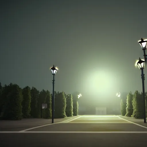 Prompt: an empty parking lot at midnight lit by streetlamps werewolf from van helsing werewolf from van helsing werewolf from van helsing unreal engine hyperreallistic render 8k