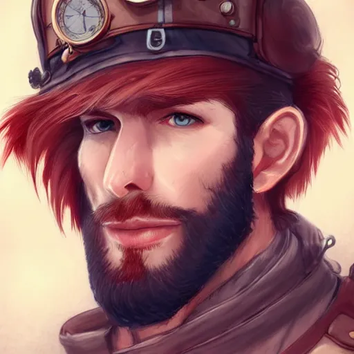 Image similar to rugged ship captain, 3 0 years old, male, handsome, masculine, red hair, long hair, soft hair, fantasy, intricate, elegant, highly detailed, steampunk, airship, digital painting, artstation, concept art, character art, smooth, sharp focus, illustration, art by artgerm