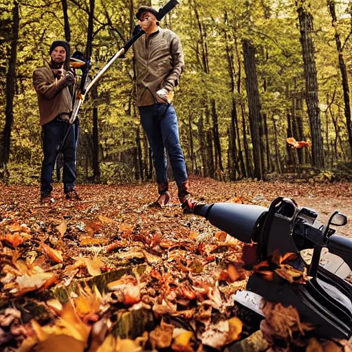 Prompt: men with leaf blowers fighting the falling leaves in a forest, detailed face, CANON Eos C300, ƒ1.8, 35mm, 8K, medium-format print