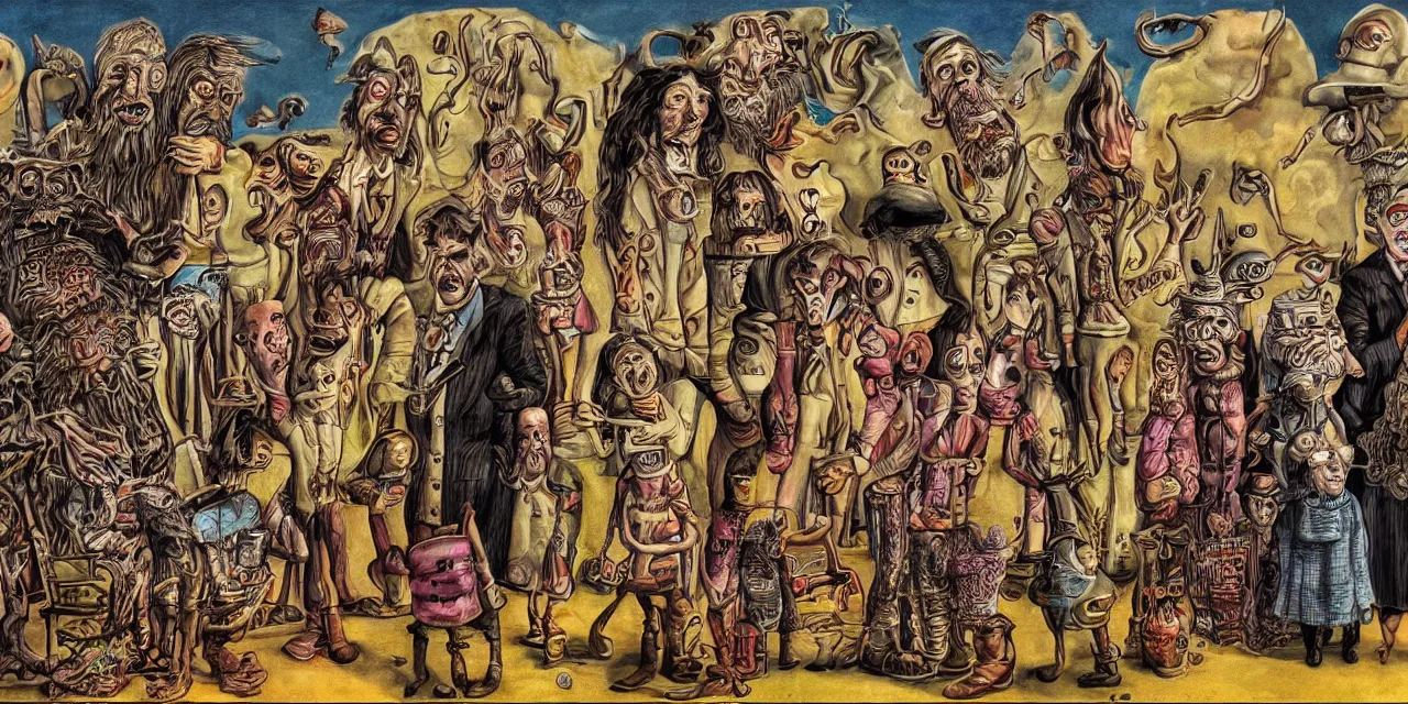 Prompt: surreal image of a family of wizards dali meets r crumb sketch