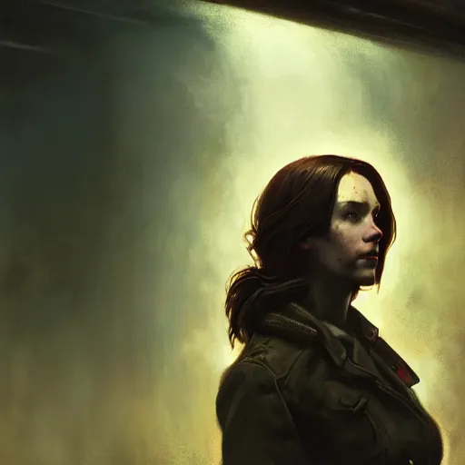 Image similar to fallout 5, charismatic brunette female protagonist, portrait, atmospheric lighting, painted, intricate, volumetric lighting, beautiful, daytime, sunny weather, slight overcast, sharp focus, deep colours, ultra detailed, by leesha hannigan, ross tran, thierry doizon, kai carpenter, ignacio fernandez rios