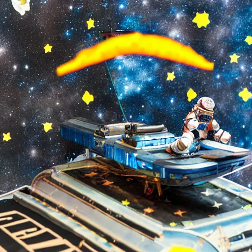 Image similar to a space admiral towing asteroid, with spaceship, space backdrop, everything made of papier - mache canon 5 d 5 0 mm lens, diorama, newspaper,