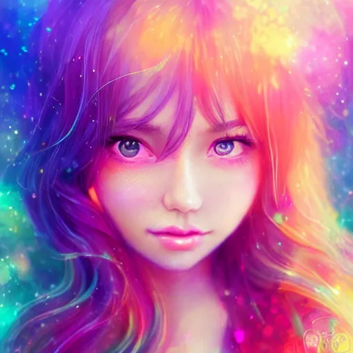 Image similar to lively and lovely girls, angelic face, colorful and flowing hair, colorful eyes, smiling innocently and cutely, colorful light effects, clean and fresh, ethereal, macro, uplight, lush, radiant, detailed, fantasy style, by ross tran, kazuki tanahashi