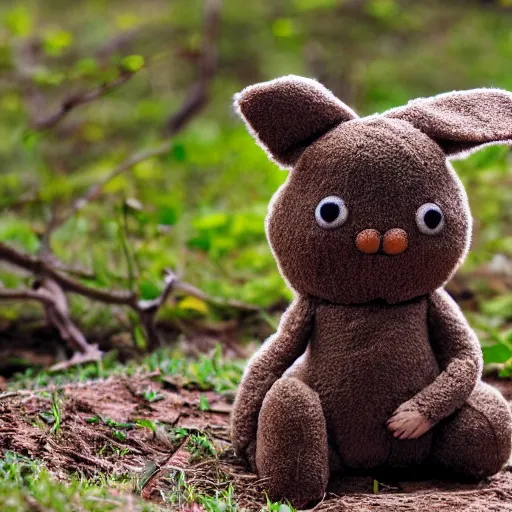 Image similar to a photo of a little brown ninja bunny that is a plush muppet wearing a cool ninja outfit and posed out in nature, photorealistic, photography, ambient occlusion, rtx, national geographic