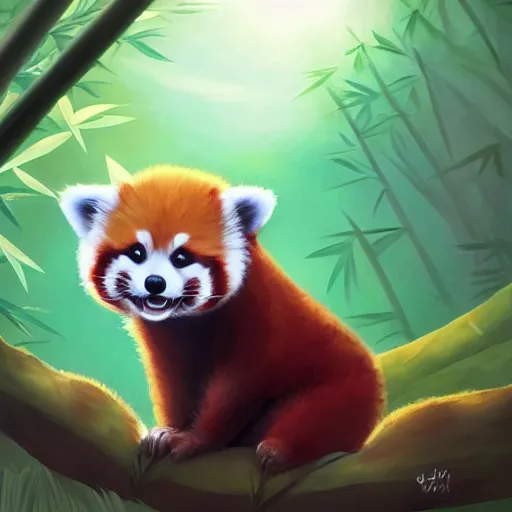 Prompt: cute!!! fluffy!!! adorable!!! red panda walks in the bamboo woods, trending on artstation, by noah bradley