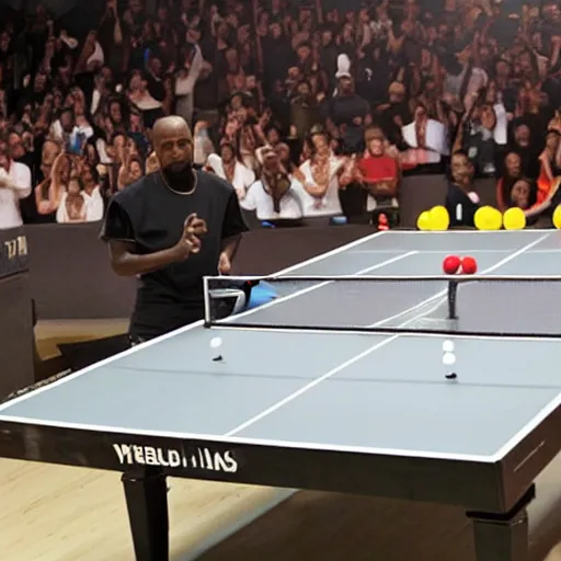 Prompt: kanye west playing table tennis against a clone of himself