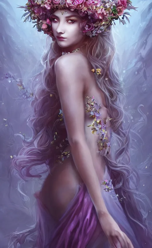 Image similar to A beautiful fantasy empress, full body, just one head, flower tiara, long hair, wearing dramatic aristocrat robe, delicate figure, field of fantasy flowers, foxes and deer, epic composition, ultra wide-shot, dynamic pose, concept art, beautifully lit, digital painting, smooth, character design, sharp focus, elegant, intricate, trending on artstation, by WLOP and James Jean and Victo Ngai