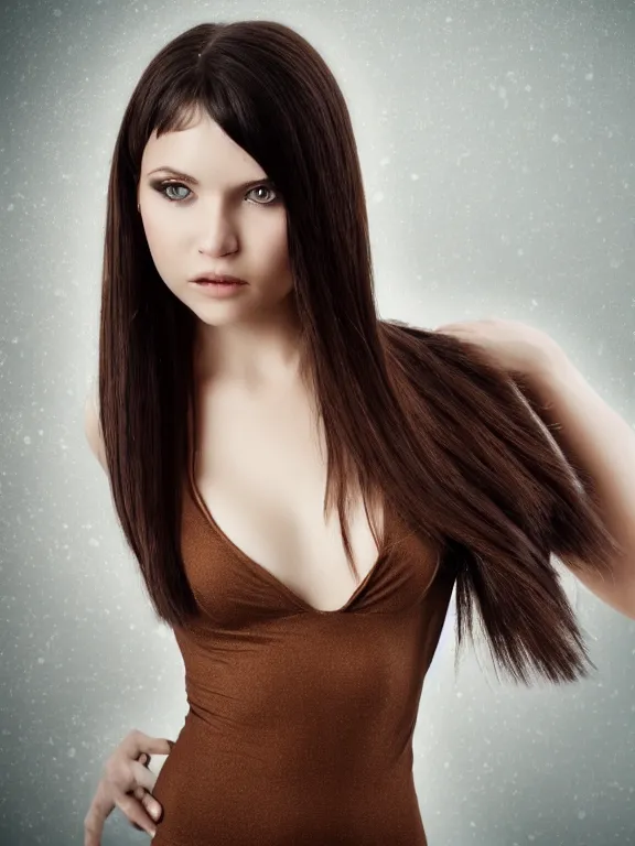 Prompt: hyperdetailed photo of a beautiful ukrainian girl with brown eyes and dark bob hairstyle, winds of winter, in a tight dress, cinematic lighting, studio quality