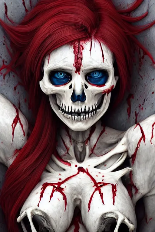 Image similar to skeleton black bones!!, covered with blood, jessica nigri face!!, highly detailed face, long red hair, beautiful blue eyes, ultra realistic, concept art, intricate details, photorealistic, octane render, 8 k, unreal engine. retro film still, heavy grain, 3 5 mm, art by artgerm and greg rutkowski and alphonse mucha