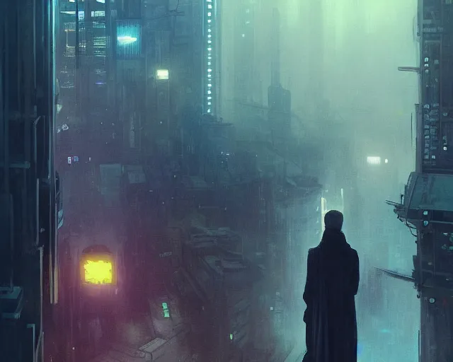 Image similar to 1 4 4 4 blade runner movie still ramona flowers look at the cityscape from roof perfect face fine realistic face pretty face reflective polymer suit tight neon puffy jacket blue futuristic sci - fi elegant by denis villeneuve tom anders zorn hans dragan bibin thoma greg rutkowski ismail inceoglu illustrated sand storm alphonse mucha