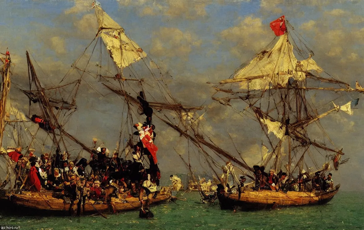 Image similar to a british brig with the nigerian coastline in the background, 1865, bright colors oil on canvas, by Ilya Repin