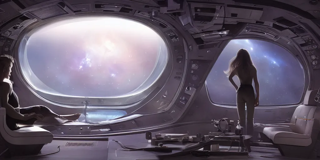 Prompt: Looking out the circular window in the massive sci-fi spaceship full of sophisticated screens and buttons, in the dark universe, by James Gurney, John Harris, Michael Whelan, Hajime Sorayama, first-person view, Volumetric lighting, dramatic lighting, photorealistic, cinematic lighting, high detail, cinematic feel, high octane, 4K, Unreal Engine, digital render, intricate, ultra realistic, concept art