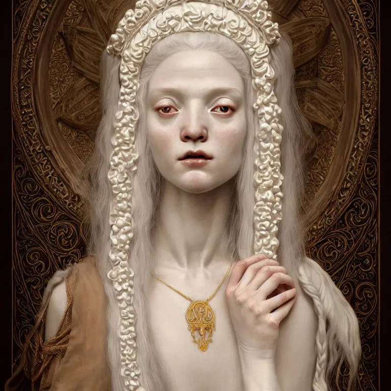 Image similar to renaissance style a wonderful woman albino goddess with a wonderful face and long intricate hair with a beautiful porcelain symmetrical body dressed with a majestic warp ornate semi transparent cream long cotton dress, hightly ornate, intricate, detailed, dramatic light, award winning, octane render, tom bagshaw style