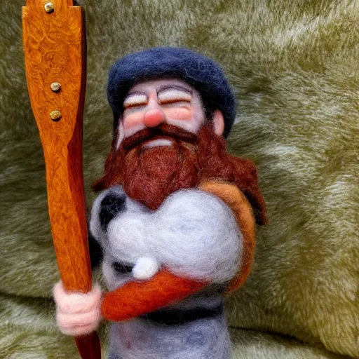 Prompt: needle felted gimli saying and my axe from the fellowship of the ring (2001), highly detailed, tilt shift, atmospheric, hyperrealism, highly textured, god rays