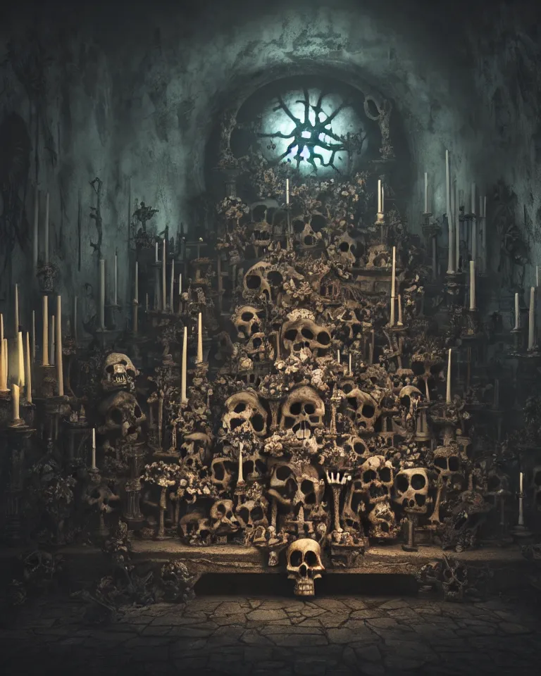 Image similar to full color, low wide shot of sedlec ossuary, bones, anime style mixed with fujifilm, dark, foggy, atmospheric, artstation, cgsociety, octane render, cgi, unreal engine 5, denoise, detailed, cinematic masterpiece