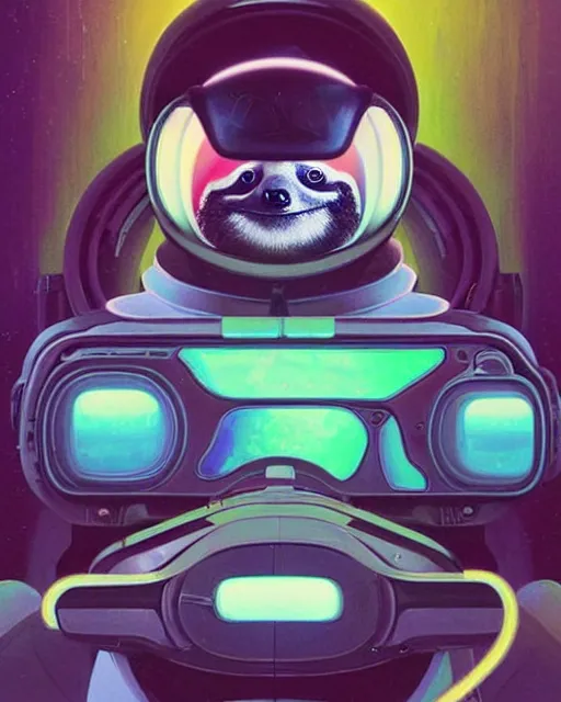 Image similar to silly sloth as future coder man looking on, sleek cyclops display over eyes and sleek bright headphoneset, neon accent lights, holographic colors, desaturated headshot portrait digital painting by dean cornwall, rhads, john berkey, tom whalen, alex grey, alphonse mucha, donoto giancola, astronaut cyberpunk electric