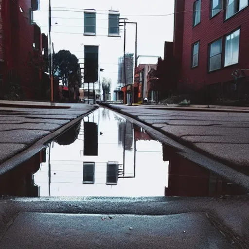 Image similar to realistic photo of puddle on sidewalk, buildings in reflection