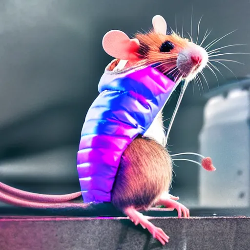 Image similar to a rat wearing a puffer vest, synthwave