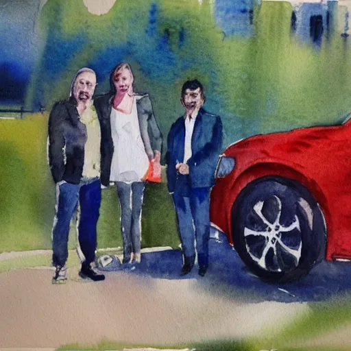 Image similar to a watercolor painting of some people next to a car