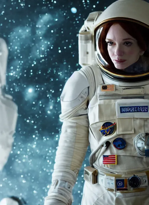 Prompt: photograph portrait of a very pretty!!! christina hendricks in interstellar, symmetric face, petzval lens. out of focus, in an astronaut costume. futuristic helmet with neck protection, space station. by alesio albi and george lucas and stanley kubrick