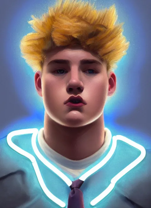 Image similar to portrait of high school senior boy named big moose, blonde short hair, jock, beefy, wide face, square jaw, square facial structure, blue varsity jacket with letter r, intricate, elegant, glowing lights, highly detailed, digital painting, artstation, concept art, sharp focus, illustration, art by wlop, mars ravelo and greg rutkowski