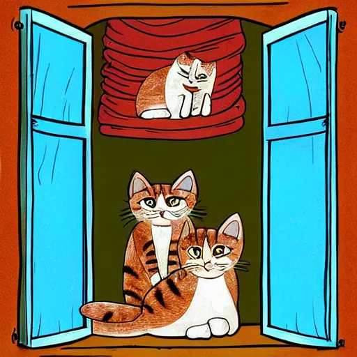 Prompt: cat on window, inside house in village, calm, warm, cozy, digital art, sweet home