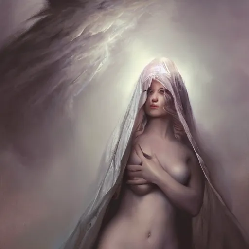 Prompt: a painting of a cloud goddess with a veil on her head, a hyperrealistic painting by Raymond Swanland, featured on cgsociety, fantasy art, daz3d, artstation hd, hyper-realistic