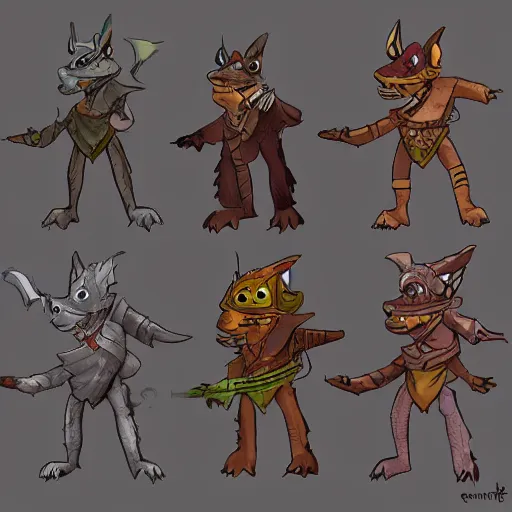 Image similar to stylised concept art of a D&D kobold in alternate outfits