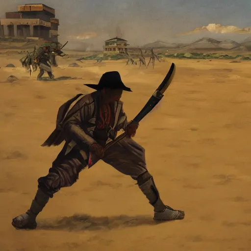 Prompt: machete wielding gurkha, full body view,, fighting for life, glowing eyes,, horseback combat attacker foreground, islamic revolution, mongolian invasion of iraq, invading army background, classicism artstyle, sharp brushstrokes