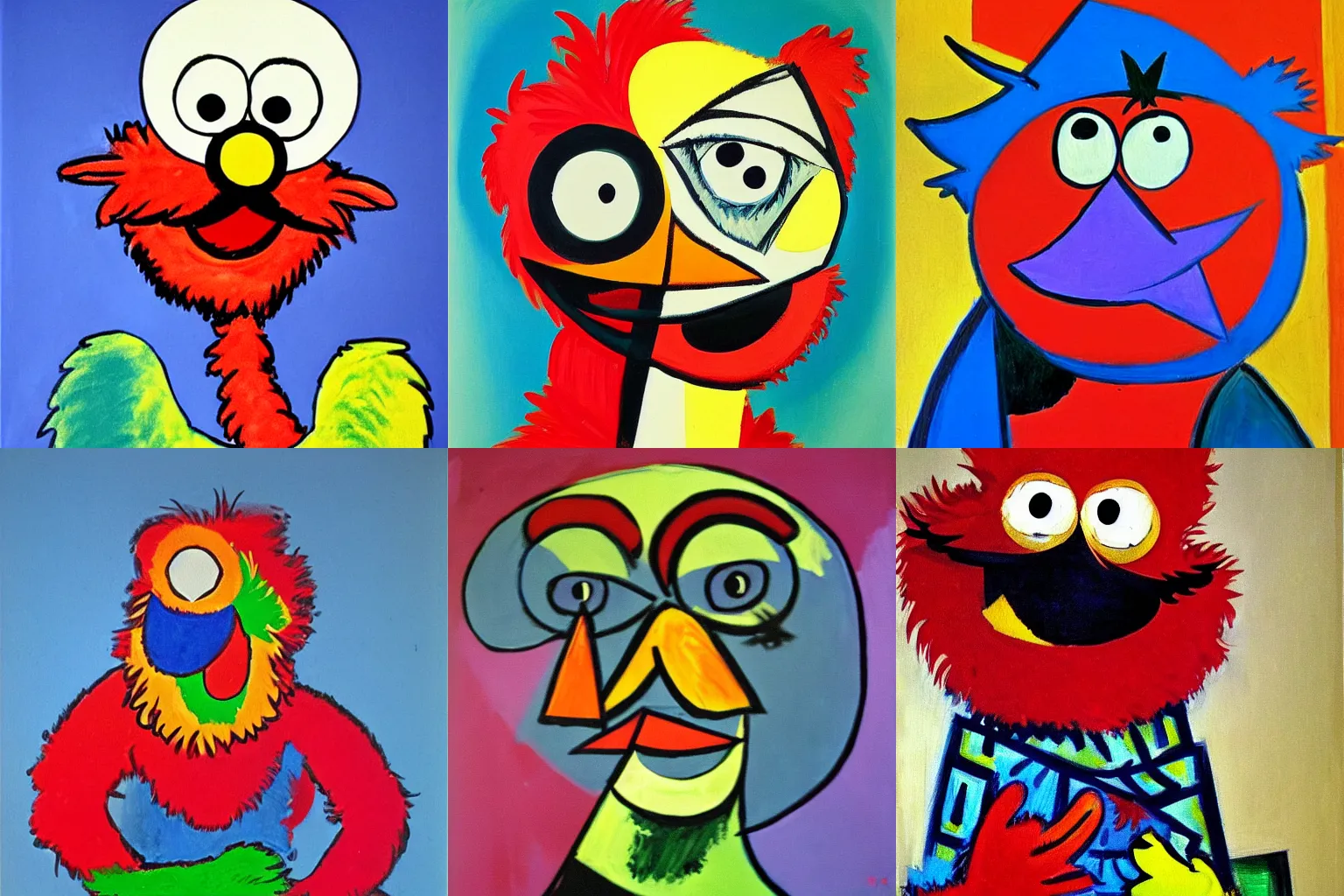 Prompt: picasso painting of elmo from sesame street