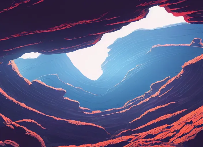 Prompt: an alien volcanic canyon landscape with giant hole opening into the underworld, dynamic shadows, dynamic lighting, ilya kuvshinov, kyoani, hiroaki samura, yoshinari yoh, james jean, katsuhiro otomo, erik jones, cel shaded, anime poster, trending on artstation