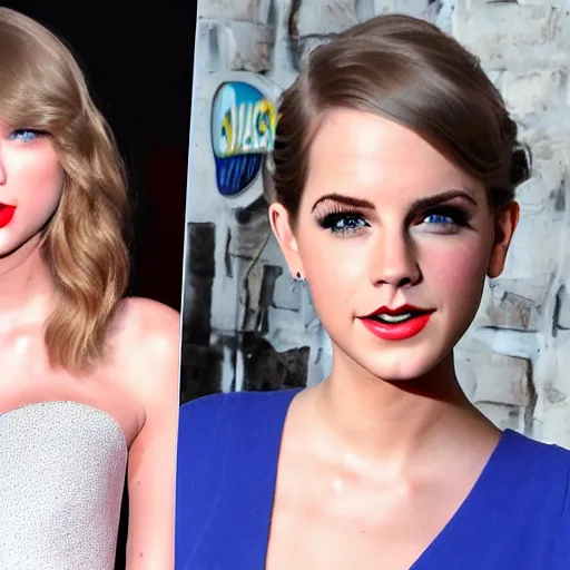 Image similar to stage photo of taylor swift and emma watson as one person,