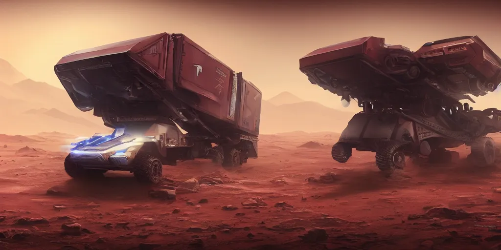 Image similar to tesla cybertruck rolling on mars 3 d concept art, anime, dust around, big planet venus backdrop, cinematic lighting, intricate details, octane rendering, trending on artstation, featured on behance