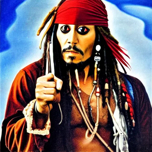 Image similar to paul mooney as jack sparrow in the style of modern movie poster by otto dix