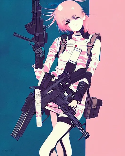 Image similar to girl with tactical gear, very anime!!! anime!! intricate details, aesthetically pleasing pastel colors, poster background, aesthetic details, art by conrad roset and ilya kuvshinov