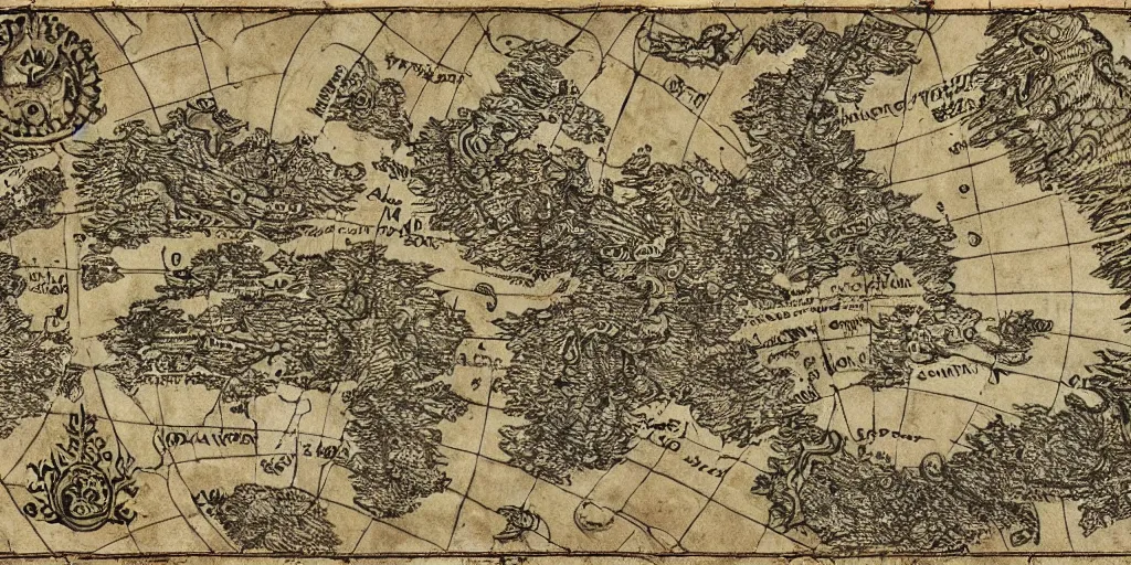 Image similar to ancient map of a fantasy land, hand drawn, hyperrealistic, hd 4 k, artstation