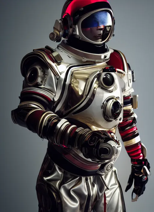 Image similar to a Photorealistic dramatic hyperrealistic render of a futuristic exospacesuit,Ultra realistic details,reflective gold color visor,glossy white with red stripes by Vitaly Bulgarov and Mike Nash,Beautiful dramatic dark moody tones and lighting,cinematic atmosphere,studio lighting,shadows,dark background, Octane render,8K