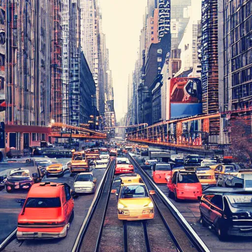 Image similar to Busy new york city street full of cars at night ,futuristic industrial train on bridge over street, still photo