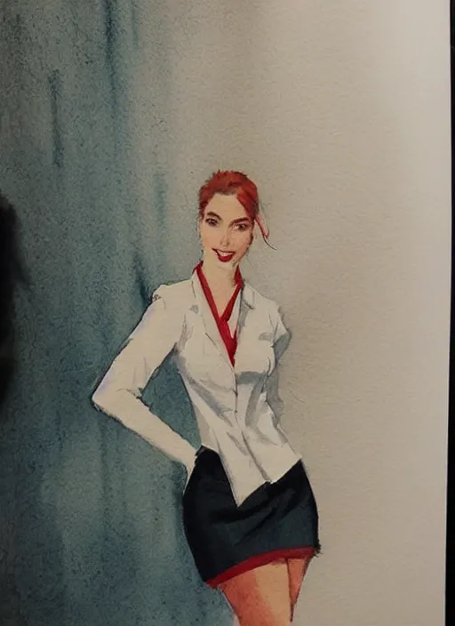 Image similar to concept art of a modern office life, young attractive business woman, pencil miniskirt, pinterest, artstation trending, behance, watercolor, by coby whitmore, silver, laser light,