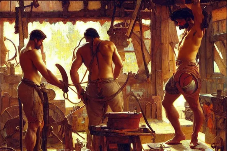 Image similar to muscular attractive blacksmiths in workshop, painting by gaston bussiere, craig mullins, greg rutkowski, alphonse mucha